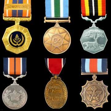 6 Full Size S.A. Medals with Ribbons.