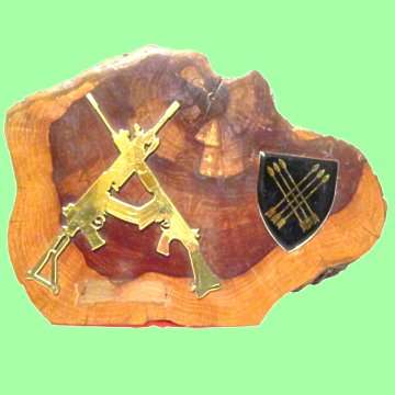 32 Battalion Shooting Trophy with Brass Cutouts and a Metal Shoulder Flash.
