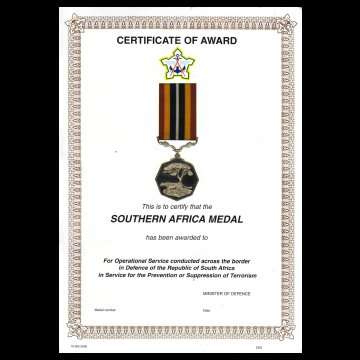 Certificate Of Award -Southern Africa Medal - Original - Not Yet Named Or Numbered.