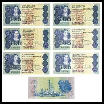 Six S.A. R2 Notes - 4 signed by Stolts and 2 by G. de Kock - All in an uncirculated condition.