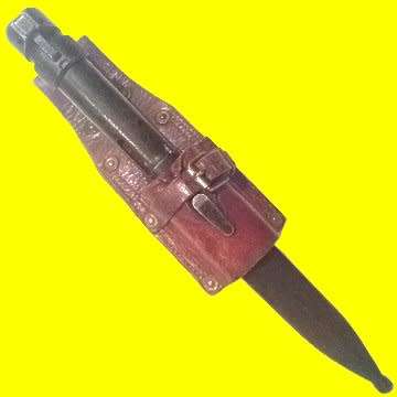 FN Bayonet. The Plastic Scabbard is fitted with a Metal Hook. It is in a Sam Browne Frock.