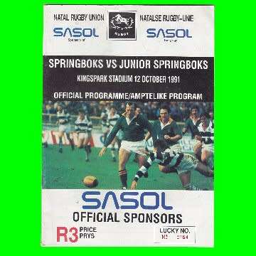 Natal Rugby union - Official Program Springboks vs Junior Springboks - 1991