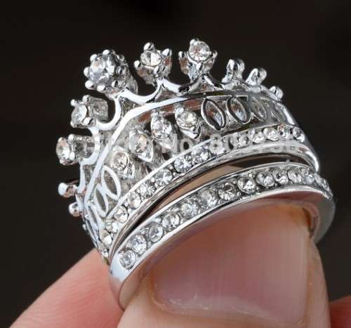 18ct Platinum White Gold Filled CZ Rhinestone Crown Wedding Rings (Size 5 & 8)