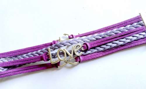 Antique Silver Purple Leather Rope  Bead Love Infinite Charm Bracelet