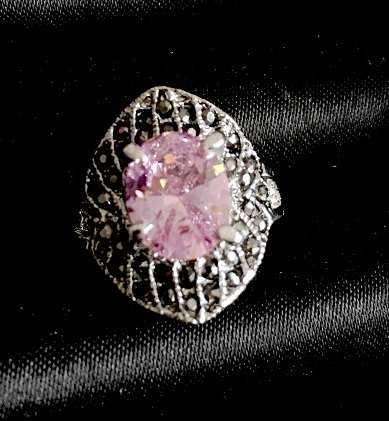 Adorable Cr. Pink Topaz Surrounded by Garnets in Imported  Pewter Ring