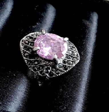 Adorable Cr. Pink Topaz Surrounded by Garnets in Imported  Pewter Ring