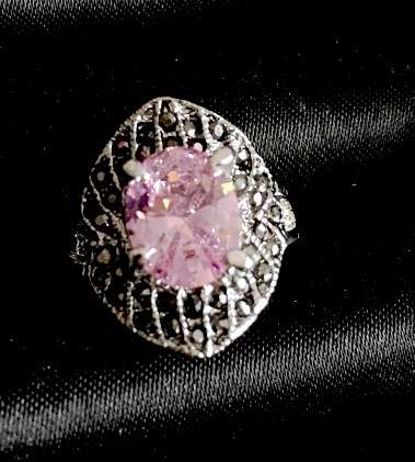 Adorable Cr. Pink Topaz Surrounded by Garnets in Imported  Pewter Ring