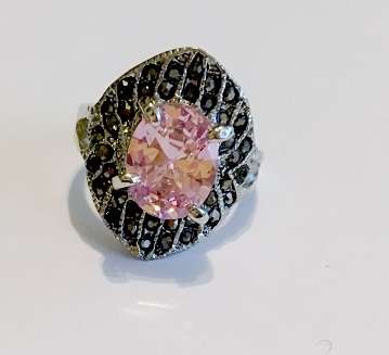 Adorable Cr. Pink Topaz Surrounded by Garnets in Imported  Pewter Ring