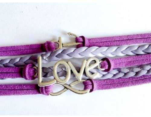 Antique Silver Purple Leather Rope Bead Love Infinite Charm Bracelet