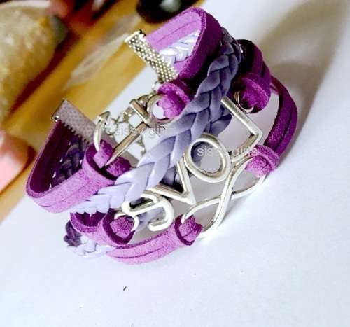 Antique Silver Purple Leather Rope Bead Love Infinite Charm Bracelet