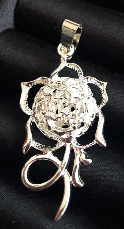 925 Sterling Silver Rose Pendant with Matching 925 Sterling Silver Chain Imported Filled Jewelry