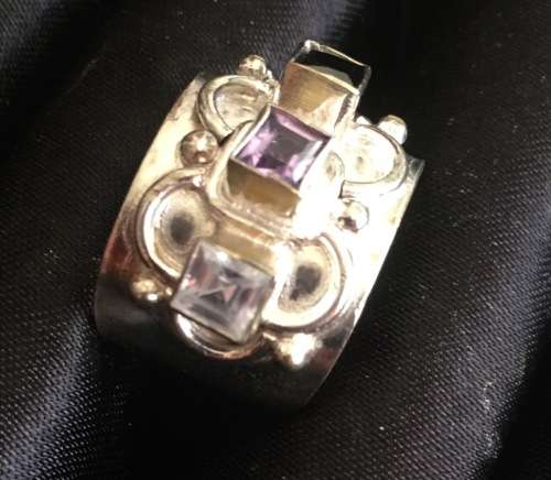 Posh Black,Purple & White Topaz Crystals in 925 Sterling Silver Imported Filled Ring