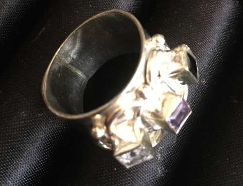Posh Black,Purple & White Topaz Crystals in 925 Sterling Silver Imported Filled Ring