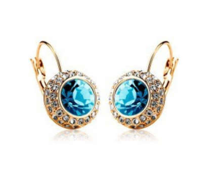 FLASHING BELLA BLUE SAPPHIRE SWAROVSKI CRYSTAL IN YELLOW GOLD FILLED PIERCED EARRINGS