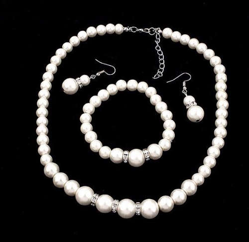 Flashing Sim.Pearl Wedding/Engagement Imported Necklace,Bracelet & Earrings Set