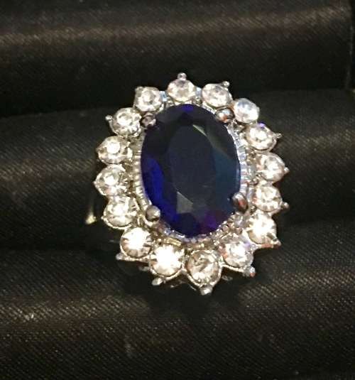 Bulky Cr.Blue Sapphire Set in 925 Sterling Silver  Plated Ring