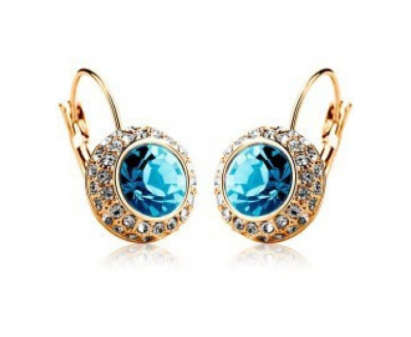 FLASHING BELLA BLUE SAPPHIRE SWAROVSKI CRYSTAL IN 18CT YELLOW GOLD FILLED EARRINGS