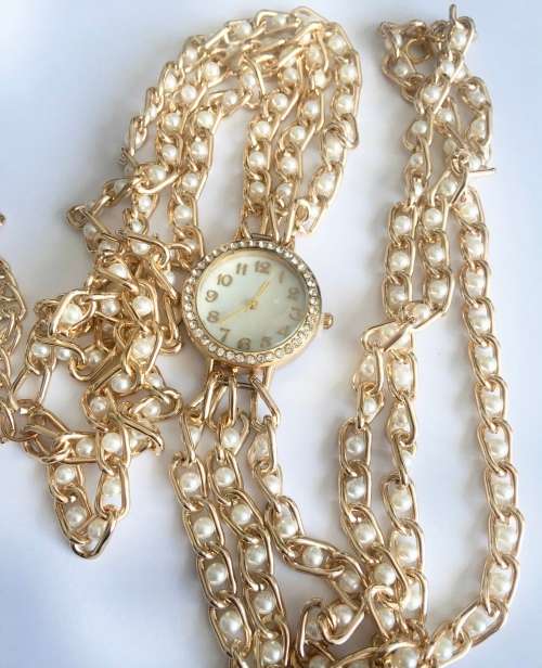 Wrap Around Sim.Pearls Set in Woman's Imported Gold Plated Watch