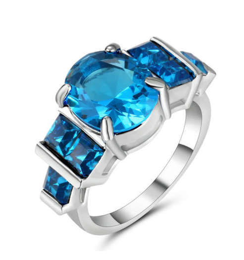 Sparkling Sim. Blue Topaz Set in 18ct White Gold  Imported Filled Ring