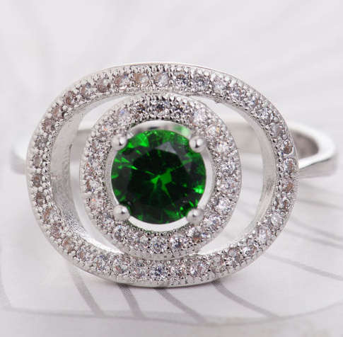 Sparkling Cr. White & Green Diamonds Set in 925 Sterling Silver Imported Filled Ring