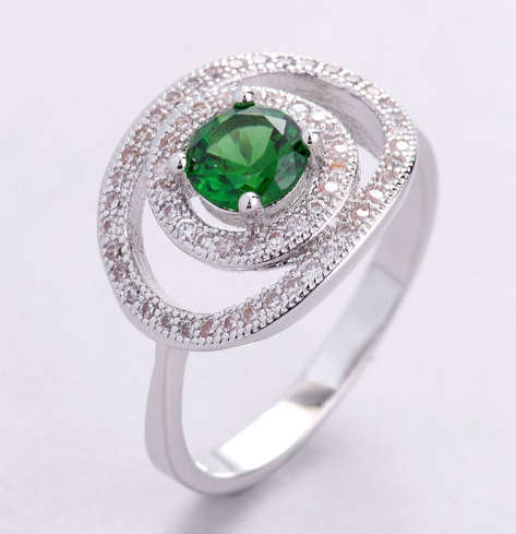 Sparkling Cr. White & Green Diamonds Set in 925 Sterling Silver Imported Filled Ring