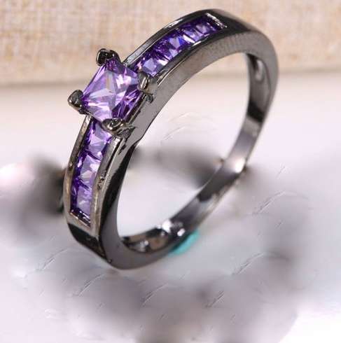 Super-B Simulated Purple Amethyst Set in Black Gold Filled Ring