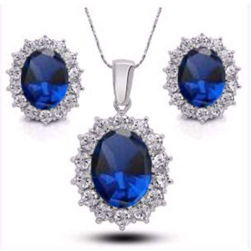 Attractive Sim Sapphire Surrounded By White Diamond Pendant with Free Matching Earrings.