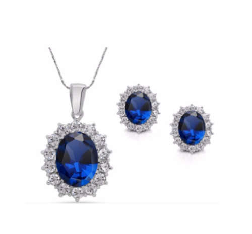 Attractive Sim Sapphire Surrounded By White Diamond Pendant with Free Matching Earrings.