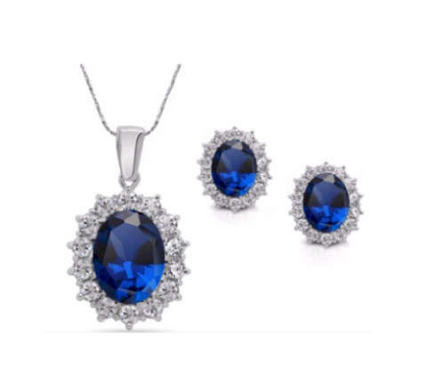 Attractive Sim Sapphire Surrounded By White Diamond Pendant with Free Matching Earrings.