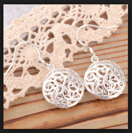 Fashion 925 Sterling Silver Earrings Hollow Round Shape Pendant Hook Dangle Filled Earrings
