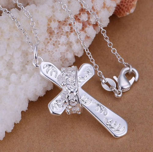 Attractive 925 Sterling Silver Cross with Crown & Matching Neck Chain Imported Filled Jewelry
