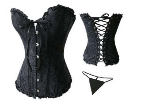 Sexy Corset Women Bone Black Lace Bustier Corset+G String Set