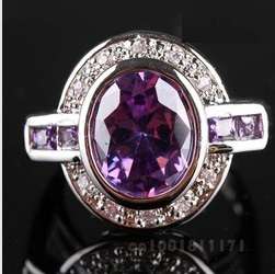 Pretty Oval Cut Amethyst & White Topaz Silver Ring Size 7