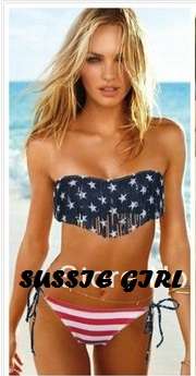 2013 Summer Lady  Padded USA American Flag Fringe Tassel Bikini