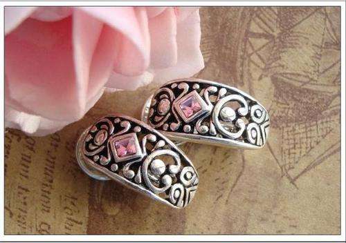 PINK SWAROVSKI ELEMENTS SET IN VINTAGE SILVER EARRINGS