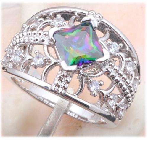 Square Cut Mystic Topaz Filigree Handcrafted 925 Silver Ring # Size 8
