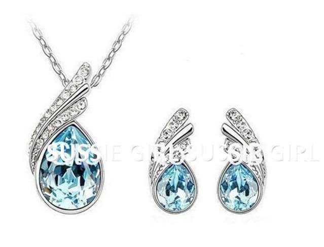 Genuine Classic Amethyst Crystal Water Drop Leaves Earrings & Necklace Sets