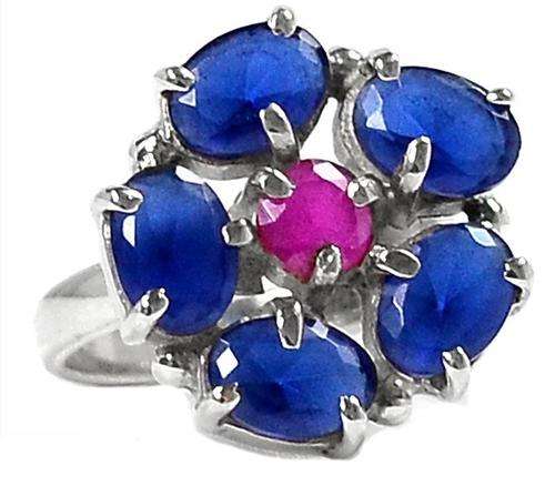 PRECIOUS INDIAN RUBY & SAPPHIRE 925 STERLING SILVER RING #Size 6.5
