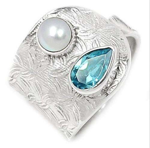 'MARCY'S PEARL & BLUE OCEAN TOPAZ 925 STERLING SILVER RING SIZE 7.5
