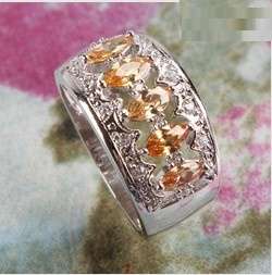 Floral Orange Citrine Crystals Set in 925 Silver Ring #Size 9