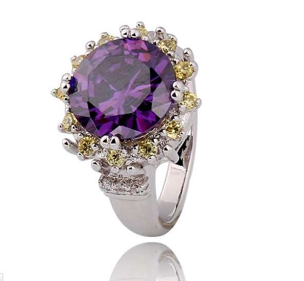 Glamorous Citrine,Diamond and Amethyst Set in 925 Silver #Size 7