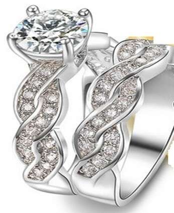 Unusual Princess Style 24ct Platinum Rolled Gold Cultured Diamond Wedding Set #Size 7