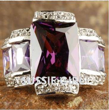 Faceted Amethyst and Crysal Diamonds Gorgeously Set in 925 Silver Ring #Size 7.5