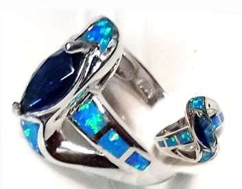 Sections of Blue Opal with Amethyst Centered in 925 Silver Ring #Size 7