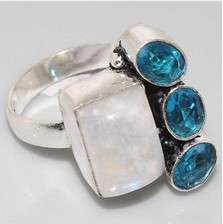 Luscious Rainbow Moonstone & Blue Quartz set in Solid 925 Sterling Silver Ring #Size 9
