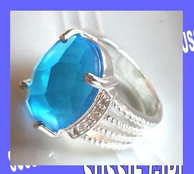 Gorgeous  Cushion Checkerboard Huge Swiss Blue Faceted  Topaz Ring #Size 9/19