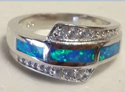 Amazing Unusual Blue Fire Opal & Faceted Diamonds Set in 925 Sterling Silver Ring #Size 6.5