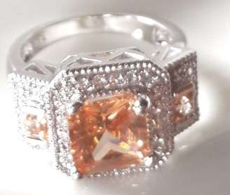 Charming Handmade Citrine  Surrounded by Faceted Diamonds  in 925 Sterling Silve Ring  #Size 7