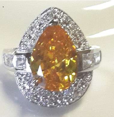 Fabulous Tear Drop Citrine Crystal Surrounded by CZ in 925 Sterling Silver Ring #Size 9