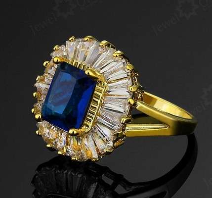 Glamorous  Princesses Blue Sapphire & Diamond Impression Set in 18ct Yellow Rolled Gold #Size 8